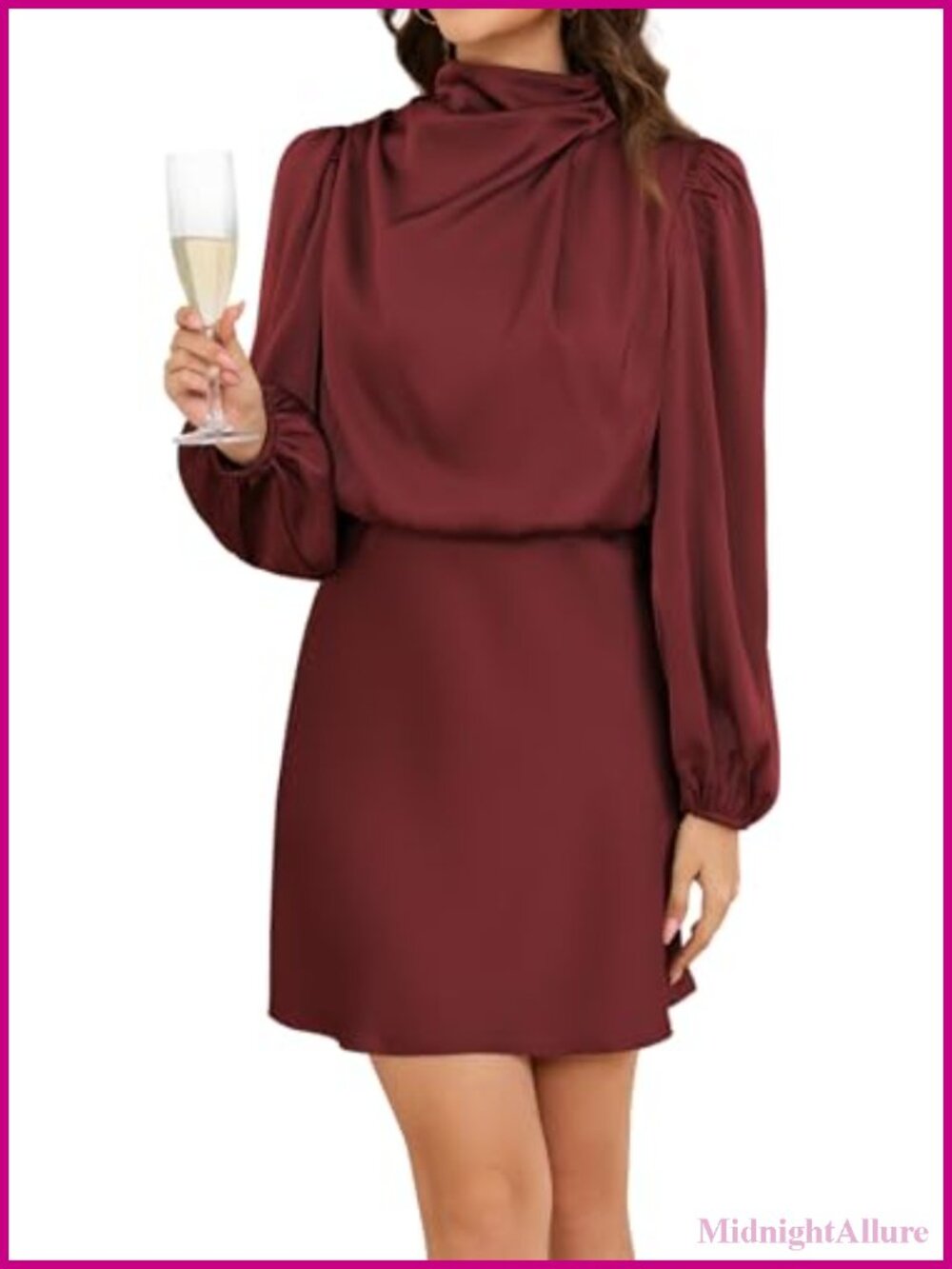 Women's Cocktail Dress Long Sleeve Satin High Neck Formal Mini